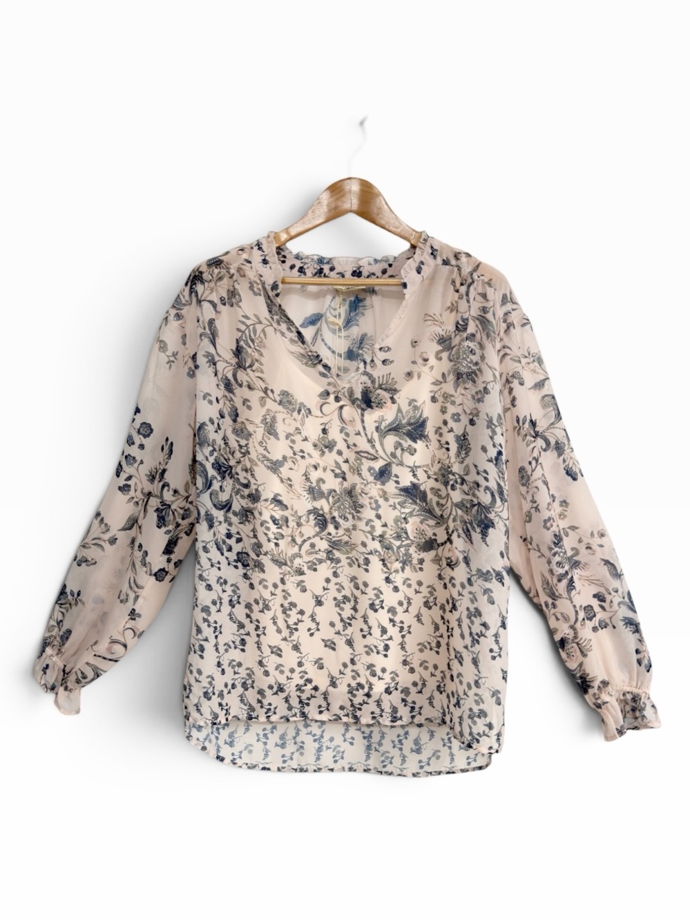 Lovestitch Pale Pink Floral Sheer Boho V Neck Long Sleeve Blouse Top Size M